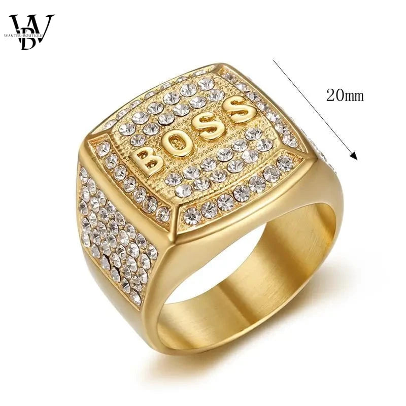 Bagues en Acier Inoxydable BOSS pour Hommes – Bijoux de Rappeur Hip Hop Bling en Or et Argent